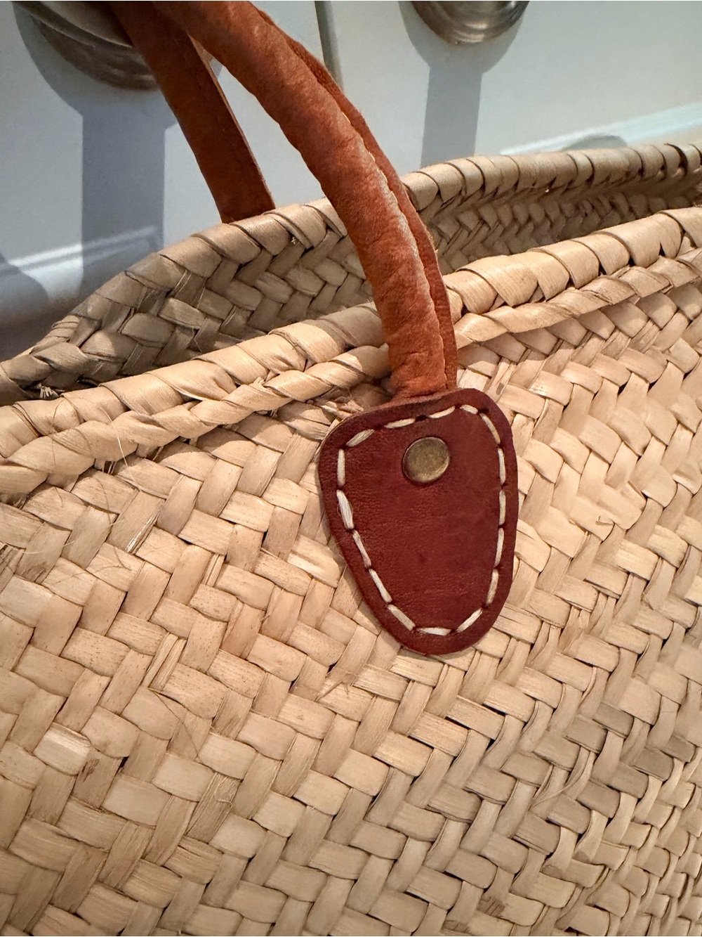Handwoven Natural Straw Tote with Brown Leather Handles - Picture 3 of 4
